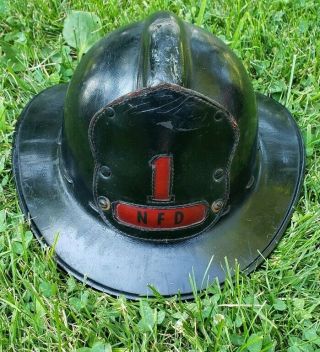 Antique Nfd Fire Helmet 1930s With Leather Badge Rare Firefigher Helmet 1