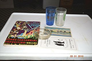 Texas 1936 Centennial Collectibles,  Official Guide,  Glasses,  Ash Tray & Post Car
