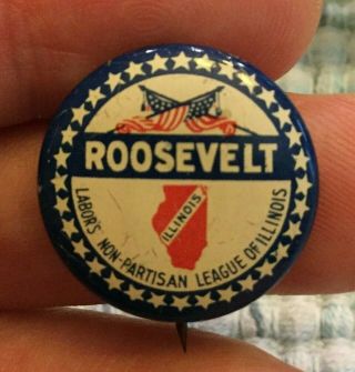 1936 Roosevelt 7/8 " Button Pin Labors Non - Partisan League Of Illinois Green Duck