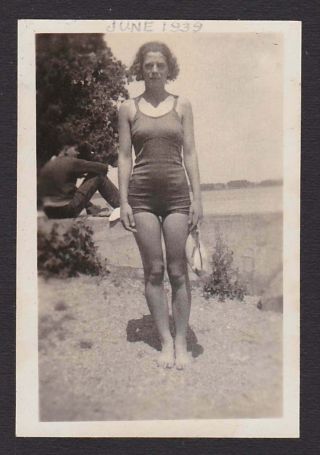 Guy Behind Woman In Swimsuit @ Shore Old/vintage Photo Snapshot - J142