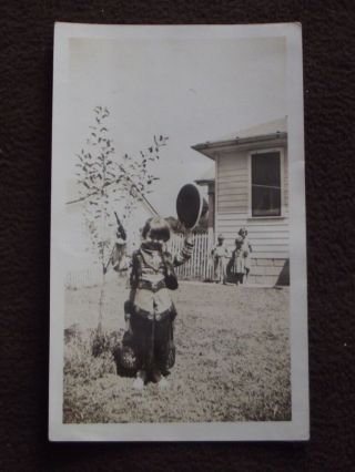 Young Girl In Cowboy Outfit With Hat & Gun Raised In The Air Vtg 1939 Photo