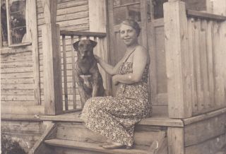 1930s Pretty Young Woman With Dog On The Porch Pet Old Russian Antique Photo