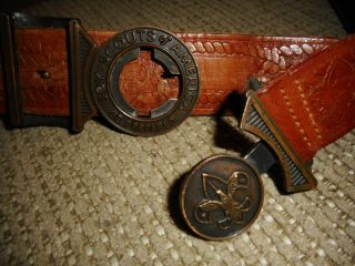 Vintage Official Boy Scouts 40 " Leather Belt With 2 Piece Brass Buckle