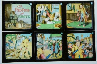 Vintage Set Of 8 X Magic Lantern Slides 8cm Sq : Pied Piper Of Hamelin