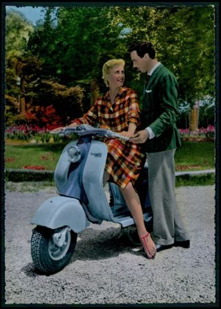 Motorcycle Vespa Scooter Lambretta Pinup Pin Up Love Romance 1950s Postcard Bb