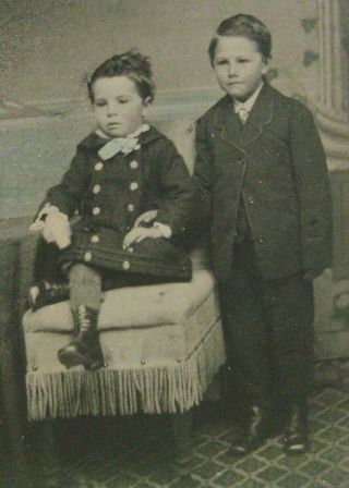 Antique Tintype Photo Of 2 Handsome Dapper Boys Brothers One Wearing Dress