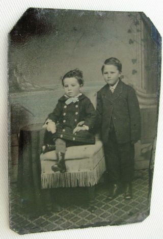 ANTIQUE TINTYPE PHOTO OF 2 HANDSOME DAPPER BOYS BROTHERS ONE WEARING DRESS 2