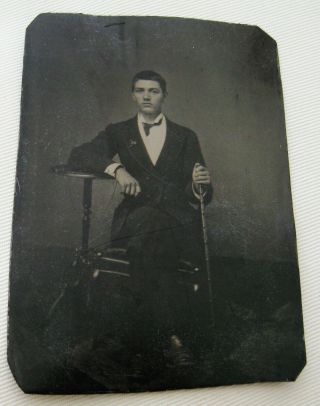 Antique Tintype Photo Portrait Handsome Dapper Young Man With His Walking Stick
