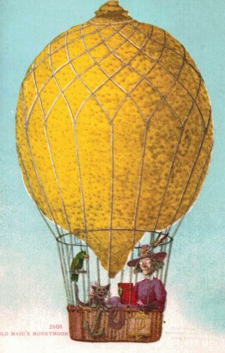 Exaggeration Postcard,  Giant Lemon Balloon,  Witch & Parrot,  L.  A.  Air Meet,  Ca. ,  1910