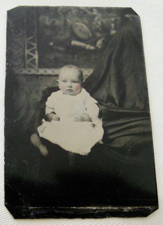 Antique Tintype Photo Of Cute Baby On Lap Of Hidden Mother Covered By A Blanket