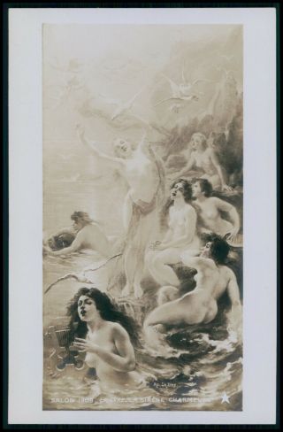 Art La Lyre Nude Woman Mermaid Charm 1910s Salon De Paris Postcard