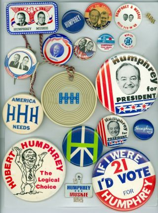 16 Vtg 1968 - 72 President Hubert H.  Humphrey Campaign Pinback Buttons 1 Disc Rope