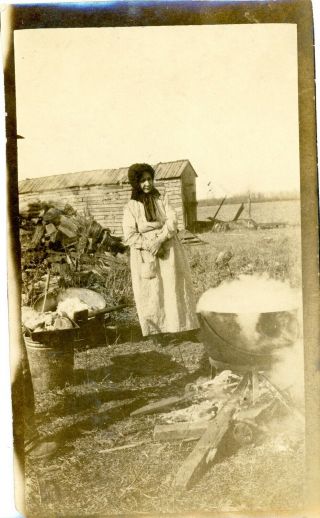 Antique Photo Of A Pioneer Women Watching A Cauldron Boil.  Harsh Life
