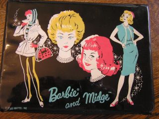 King Seeley Vintage Black Patent Barbie & Midge Lunchbox W/ Handle & Thermos