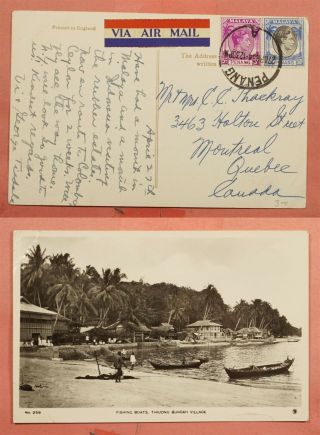 1954 Malaya Fishing Boats Rppc Real Photo Postcard Penang Airmail To Canada
