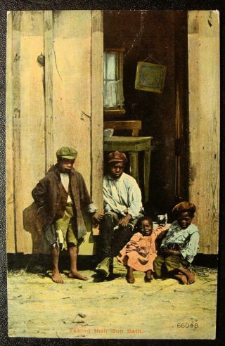 1910 Black American Postcard - " Taking Their Sun Bath " Black Kids