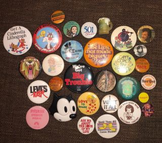30 Vintage Buttons Pins 80 ' s Movies,  Rock Stars 1980’s Awesome Advertising 2