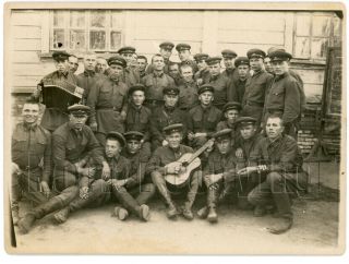 1930s Soviet Soldier Red Army Man Guy Guitar Accordion Russian Antique Photo