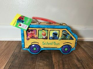 Sesame Street Metal Tin School Bus Lunch Box Purse 2003 Cookies W Tags 8 "