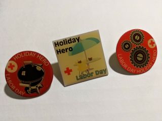 3 Different Vintage American Red Cross Holiday Heroes Labor Day Pins Volunteer