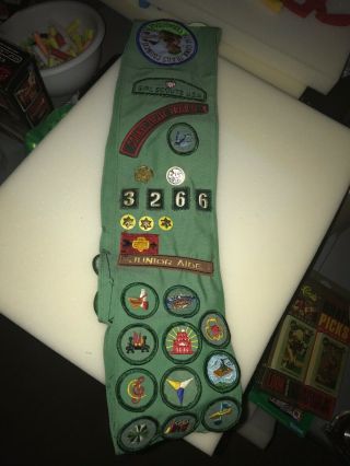 Girl Scout Vintage Sash With Merit Badges.  About 45 - 50 Total Patches And Pins