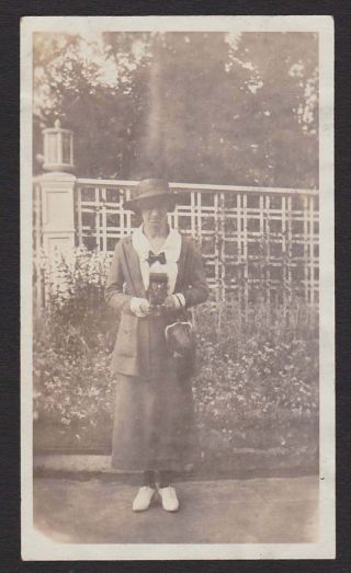 Lady Posing W/old Camera Purse In Flower Garden Old/vintage Photo Snapshot - J64