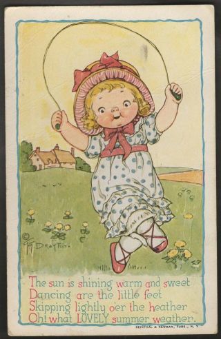 Gg Drayton Artist Signed Old Postcard Little Girl Jumping Rope 1914