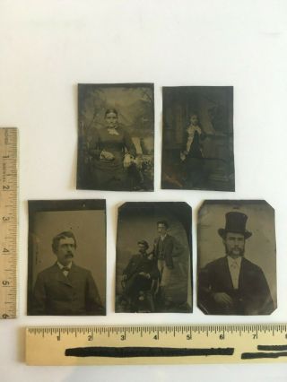 5 Antique Vintage Tin Type Photos - Child,  Woman,  Top Hat Man & Others