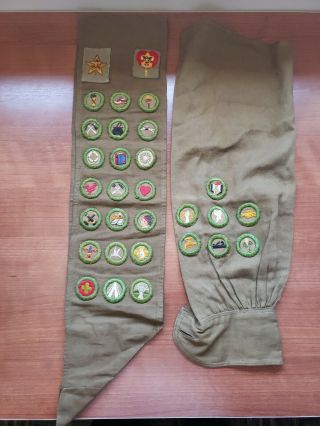 1920s - 30s Home Made Sash And False Sleeve Boy Scout Bsa Merit Badges