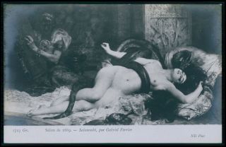 Art Gabriel Ferrie Nude Woman & Python Snake Old 1910s Salon De Paris Postcard