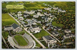 Manhattan Ks Kansas State College Campus Aerial View Football Stadium 1940 Linen