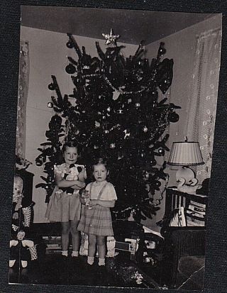Vintage Antique Photograph Two Little Girls Standing By Christmas Tree