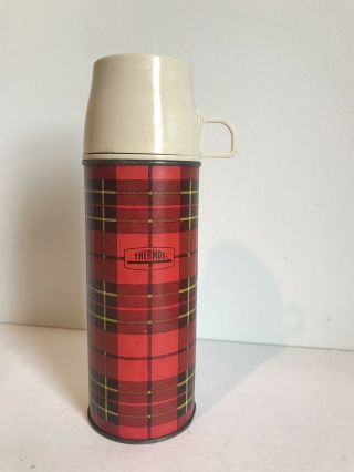 Vintage 1964 Red Plaid Tartan Metal Thermos Bottle 2242 9.  5 " King - Seeley