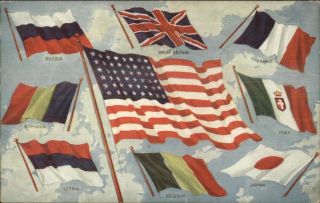Wwi Era American Flag & Flags Of Allies Russia France Italy Japan Postcard