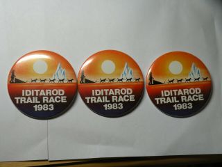 Three (3) 1983 Alaska Iditarod Sled Dog Race Buttons,  Pins Collectible 3 "