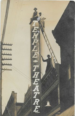 Real Photo Postcard - Occupation - Worker On Theater Sign - Temple Theater