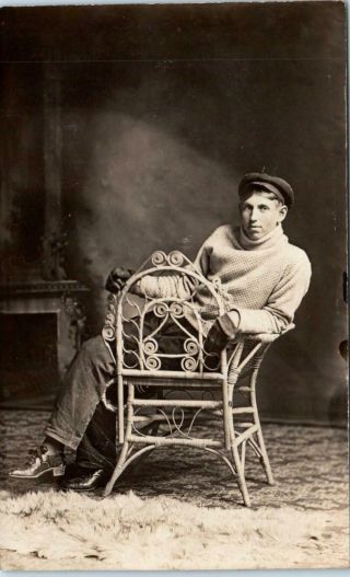 Rppc Young Man Posing In Wicker Chair Studio Real Photo C1910s Postcard