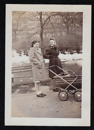 Antique Vintage Photograph Two Women Standing In Park With Baby Carriage