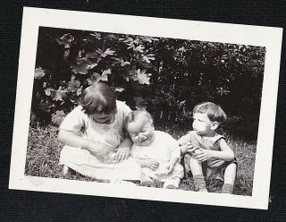 Vintage Antique Photograph Children Sitting On Ground In Garden - Baby Crying