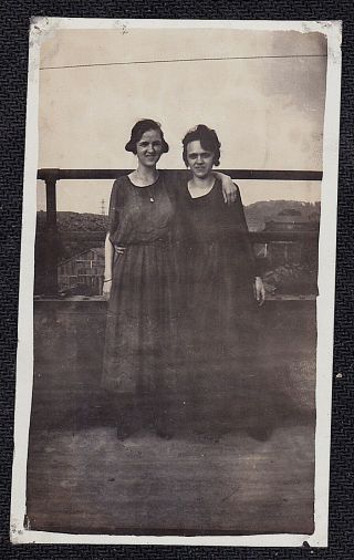 Antique Vintage Photograph Two Young Women In Long Black Dresses Hugging