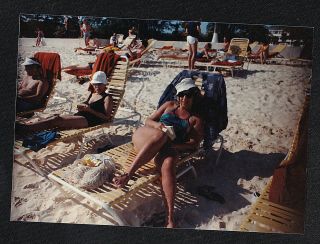 Vintage Photograph Woman In Bathing Suit Sitting In Lounge Chair At The Beach
