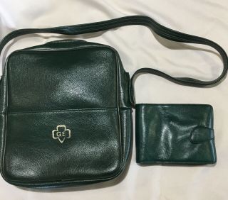 Vintage Girl Scout Purse & Wallet 60s Green Plastic Zippered W/pocket Gs Logo