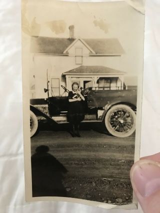 Girl And Dog In Front Of Car Vintage Photo