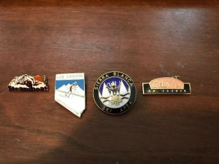 4 Vintage Enamel Ski Skiing Resort Souvenir Travel Lapel Hat Pins.