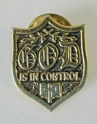 Vintage Gold Tone Religious Christian Lapel Pin God Is In Control Shield Shaped