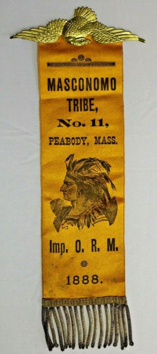 Order Of Red Men Masconomo Tribe 11 Peabody Massachusetts 1888 Badge Ribbon