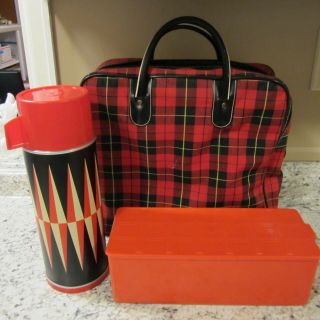 Vintage Lunchbox Bag In Red Plaid With Thermos & Plastic Food Container