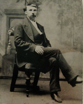 Tintype Photo Dapper Young Man With Big Bushy Mustache Wearing High Heel Boots