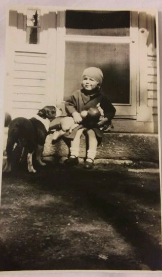 Vintage Old 1929 Photo Of Pretty Little Girl With Boston Terrier Dog On Steps