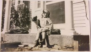 Vintage Old 1929 Photo Of Pretty Little Girl Hugs Boston Terrier Dog On Steps